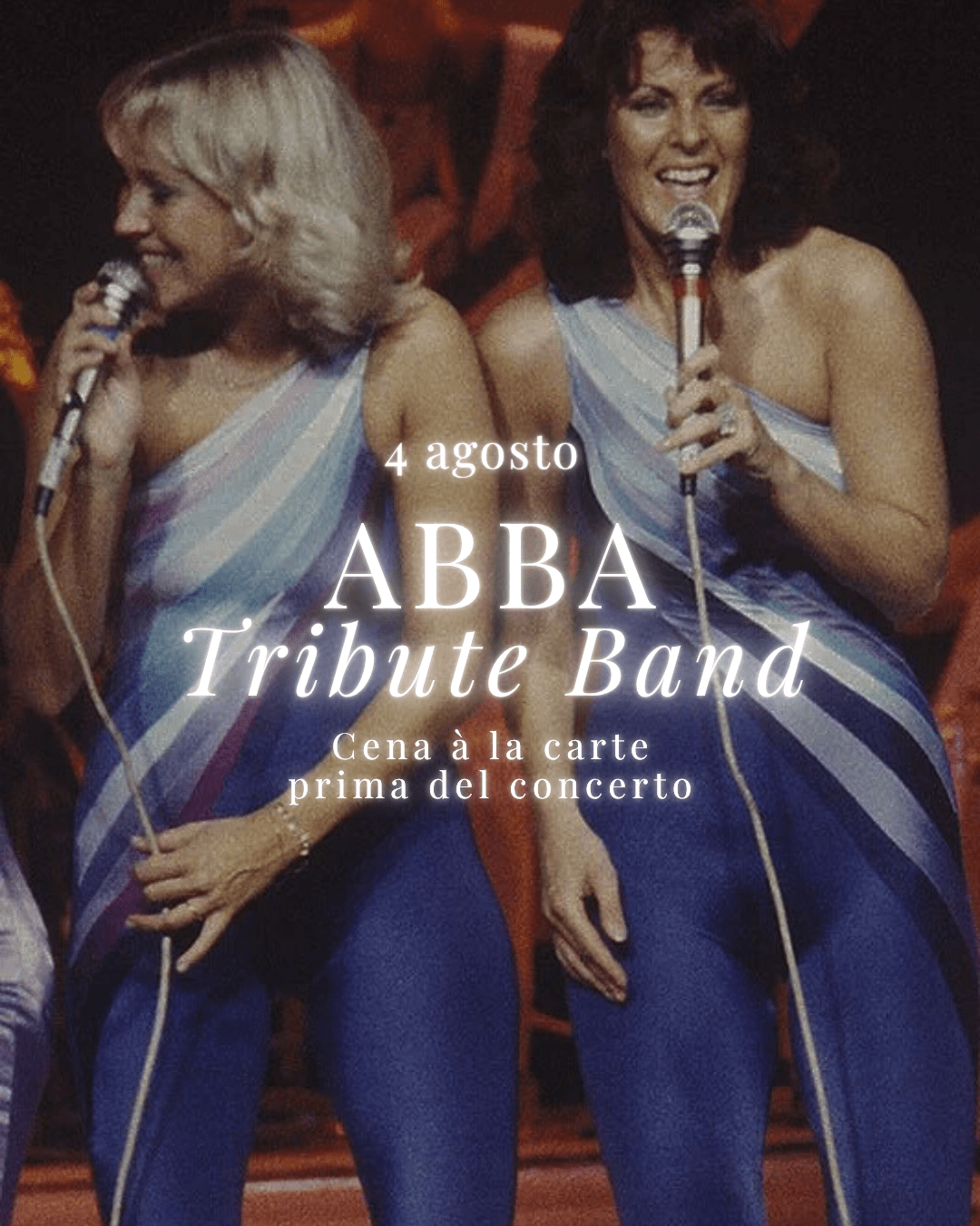 Visual promozionale per la serata tributo agli ABBA a Villa Carona Hotel & Spa, con cena à la carte e musica dal vivo il 4 agosto 2025