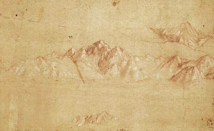Disegno a matita rossa di una catena montuosa, probabilmente realizzato da Leonardo da Vinci, con rilievi alpini abbozzati su carta antica