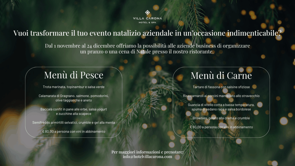 Flyer promozionale dei pranzi e cene di Natale aziendali presso Hotel Villa Carona, con dettagli sull’offerta e contatti per prenotare.