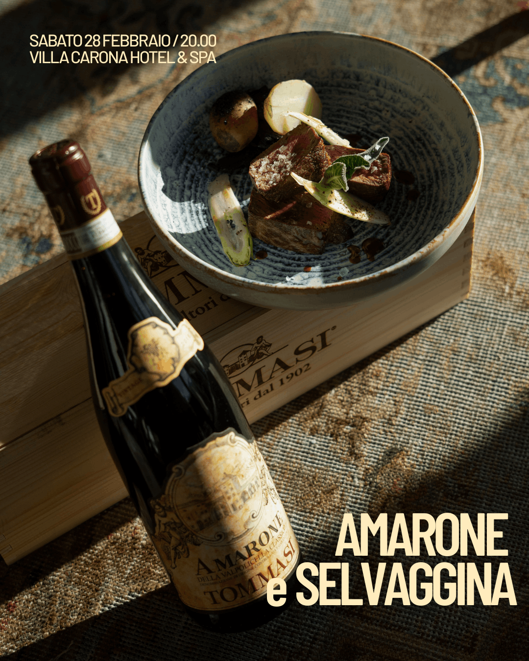 Piatto di selvaggina gourmet con Amarone durante la Cena Amarone e Selvaggina a Villa Carona Hotel & Spa
