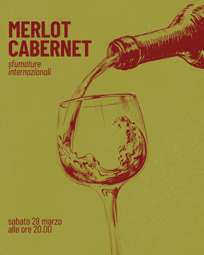 Grafica della cena degustazione Merlot e Cabernet del 28 marzo a Hotel Villa Carona con bottiglia che versa vino in un calice