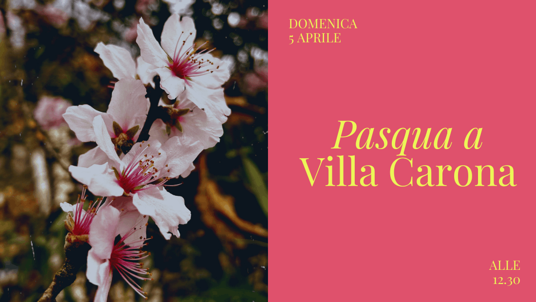 Grafica del pranzo di Pasqua a Hotel Villa Carona con fiori primaverili e data 5 aprile