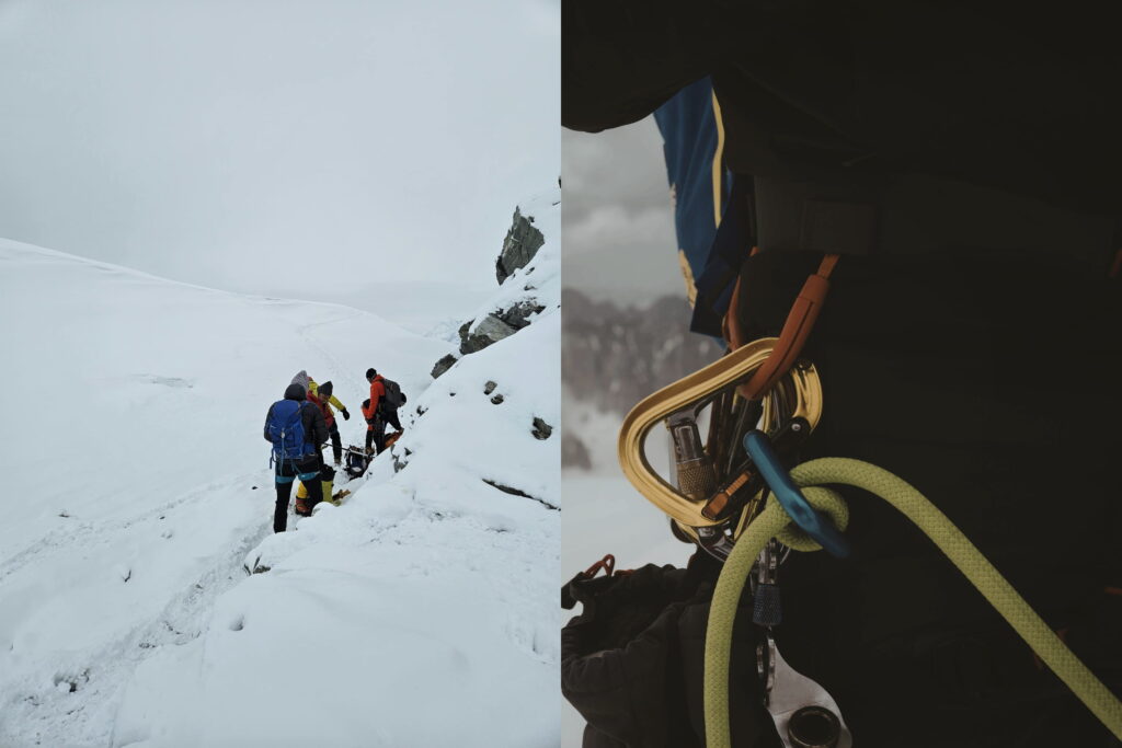 Escursione di alpinismo su ghiacciaio con attrezzatura tecnica in alta montagna