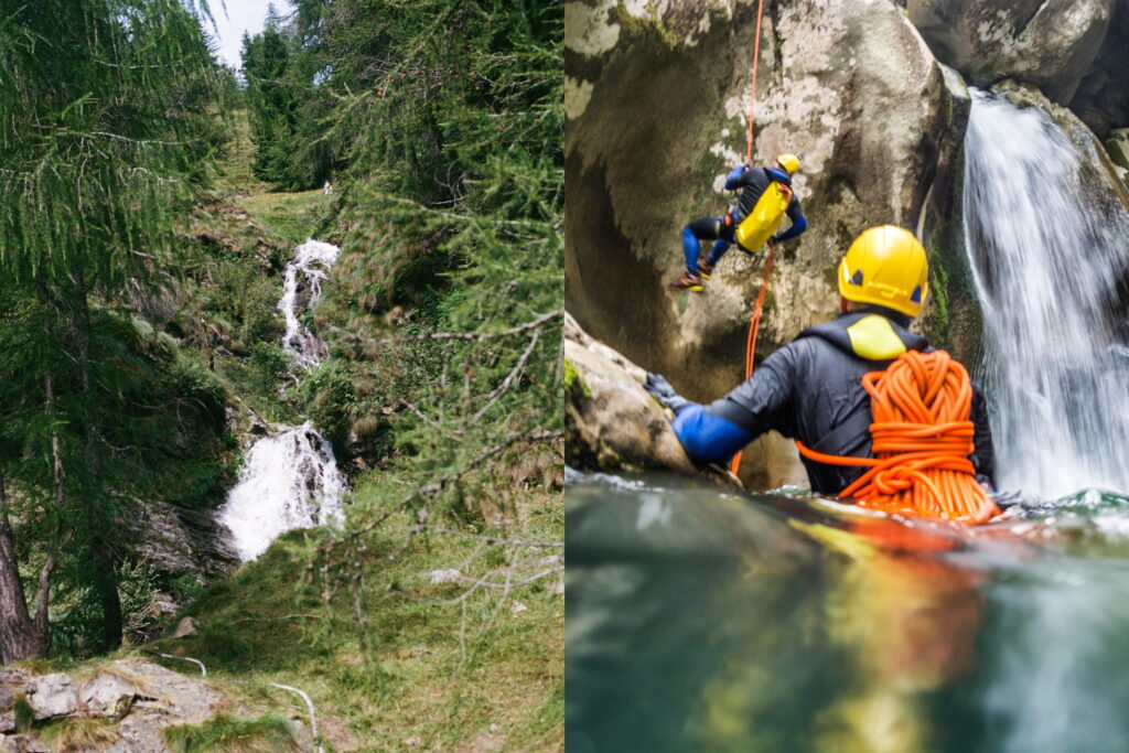 Attività di canyoning con discesa in corda vicino a una cascata di montagna