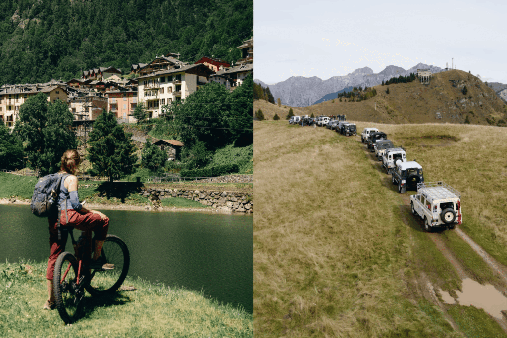 Escursione in e-bike vicino al lago di Carona e fuoristrada Land Rover lungo un percorso panoramico sulle montagne.